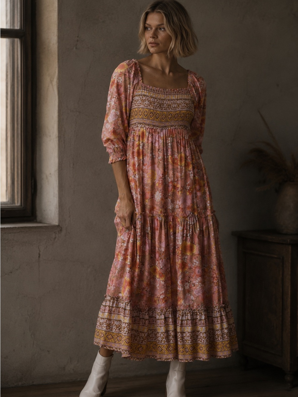 Pink Floral Smocked Half-Length Sleeves Midi Lined Maxi Dress